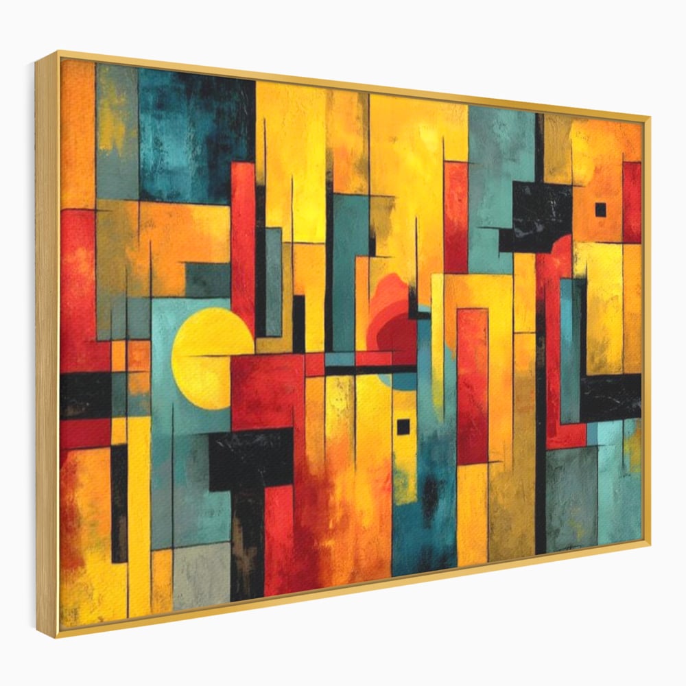 Tablou canvas cu pictura abstracta cu forme geometrice urbane, in rama de aluminiu auriu